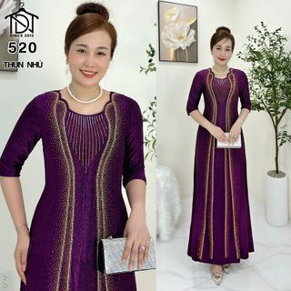 Đầm maxi trung niên dự tiệc sang trọng vải thun nhũ cấp đính đá, tặng mẹ co giãn tốt bigsize 80kg M520