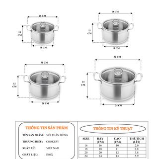 Bộ nồi Cookery-5200 - inox 5 lớp đáy (18 20 24 - Nắp kính)