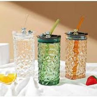 LY THỦY TINH VÂN PHA LÊ NẮP KÍN GẤU + TẶNG KÈM ỐNG HÚT THỦY TINH 400ML + TẶNG CỌ VỆ SINH ỐNG HÚT