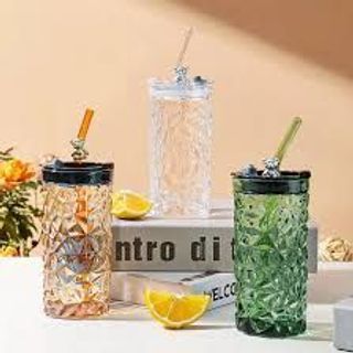 LY THỦY TINH VÂN PHA LÊ NẮP KÍN GẤU + TẶNG KÈM ỐNG HÚT THỦY TINH 400ML + TẶNG CỌ VỆ SINH ỐNG HÚT