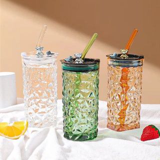 LY THỦY TINH VÂN PHA LÊ NẮP KÍN GẤU + TẶNG KÈM ỐNG HÚT THỦY TINH 400ML + TẶNG CỌ VỆ SINH ỐNG HÚT