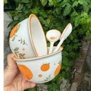Bộ 2 bát sứ cam kèm thìa