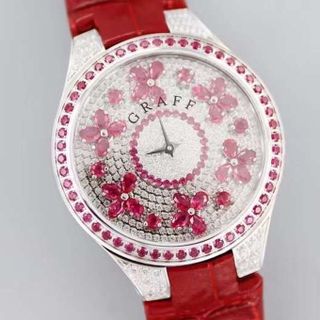 ĐỒNG HỒ NỮ SIÊU CẤP G R A F DÂY DA ĐỎ FULL ĐÁ BƯỚM XOAY QUANH MẶT