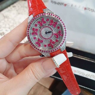 ĐỒNG HỒ NỮ SIÊU CẤP G R A F DÂY DA ĐỎ FULL ĐÁ BƯỚM XOAY QUANH MẶT