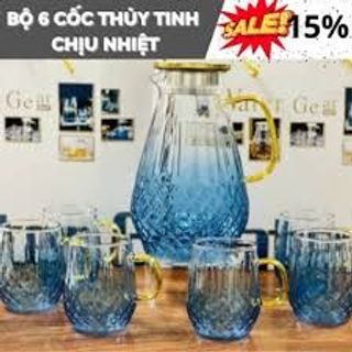 Bộ 6 Cốc Thủy Tinh Kèm Bình Chịu Nhiệt Phong Cách Châu Âu Sang Trọng Màu Xanh giá sỉ