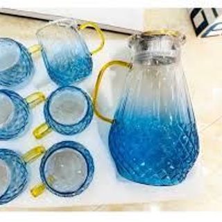 Bộ 6 Cốc Thủy Tinh Kèm Bình Chịu Nhiệt Phong Cách Châu Âu Sang Trọng Màu Xanh