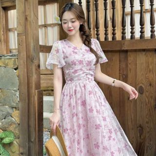 Đầm dự tiệc chất liệu voan in hoa cao cấp, mềm mại, sang trong,thanh lịch N58