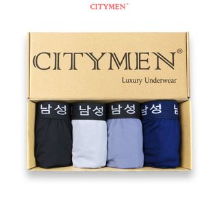 Hộp 4 Quần Lót Nam Boxer Vải Thun Lạnh 4 Chiều Lưng Dệt Chữ Hàn Quốc 2.5cm - Xưởng May - Bán Sỉ