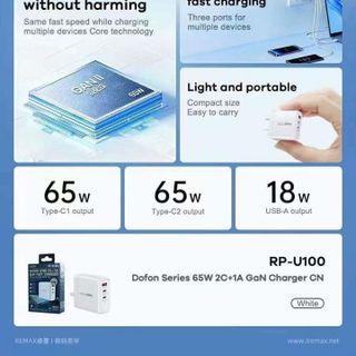 Củ sạc nhanh 3 cổng GaN 65W Remax * *