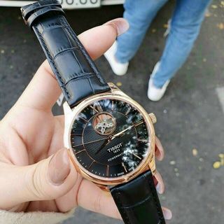ĐỒNG HỒ NAM CƠ SIÊU CẤP TISỌT DÂY DA KÍNH SAPHIRE LỘ MÁY MẶT ĐEN VIỀN ĐỒNG 3