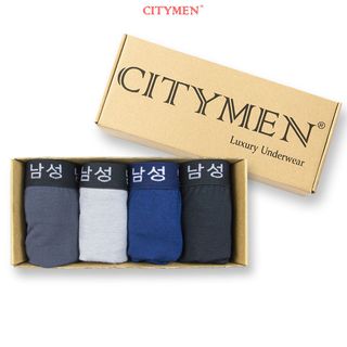 Hộp 4 Quần Lót Nam Boxer Vải Cotton 4 Chiều Lưng Dệt Chữ Hàn Quốc 2.5cm - Xưởng May - Bán Sỉ