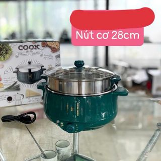 Nồi Lẩu Điện Đa Năng 2 Tầng Size 28cm Nắp Kính, Nồi Chiên, Xào, Rán Đa Năng Có Chống Dính