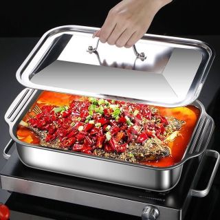 Nồi Inox 304 có Nặp Đậy cao cấp Dài 41 cm và cao 8cm Nồi inox đa năng om cá nấu lẩu dùng cho mọi loại bếp