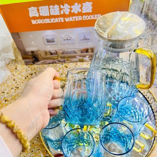 Bộ 6 Cốc Thủy Tinh Kèm Bình Chịu Nhiệt Phong Cách Châu Âu Sang Trọng Màu Vàng/Xanh