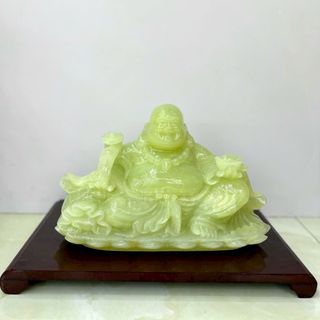 Tượng phật di lặc như ý toạ đài sen đá ngọc xanh onyx