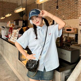 Áo sơ mi sọc thêu Nơ Chất kate freesize dưới 58kg