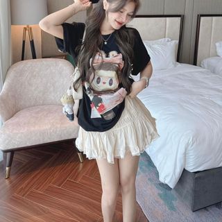 SET áo tăm in thỏ đeo nơ đáng yêu , kèm váy lụa viền ren có lót quần