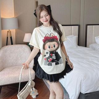 SET áo tăm in thỏ đeo nơ đáng yêu , kèm váy lụa viền ren có lót quần