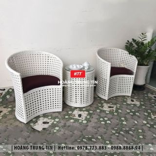 Bàn ghế cafe nhựa giả mây đan mắc cáo màu trắng