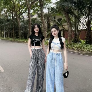 ÁO CROPTOP ĐÍNH NƠ KÈM QUẦN XỐP CARO NHÚN BÈO - LÊ PHƯƠNG BOUTIQUE giá sỉ