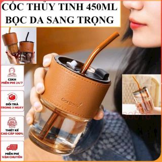 CỐC THỦY TINH BỌC DA SANG TRỌNG , 450ML KÈM ỐNG HÚT giá sỉ