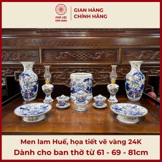 Bộ Đồ Thờ Men Lam Huế Họa Tiết Vẽ Vàng 24K Gốm Sứ Bát Tràng - Phúc Lộc Viên Minh giá sỉ