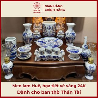 Bộ Đồ Thờ Men Lam Huế Họa Tiết Vẽ Vàng 24K Gốm Sứ Bát Tràng - Phúc Lộc Viên Minh