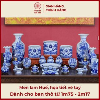Bộ Đồ Thờ Men Lam Huế Họa Tiết Vẽ Tay Gốm Sứ Bát Tràng - Phúc Lộc Viên Minh