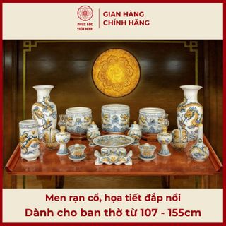 Bộ Đồ Thờ Men Rạn Cổ Họa Tiết Đắp Nổi Gốm Sứ Bát Tràng - Phúc Lộc Viên Minh