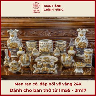 Bộ Đồ Thờ Men Rạn Cổ Họa Tiết Đắp Nổi Vẽ Vàng 24K Gốm Sứ Bát Tràng - Phúc Lộc Viên Minh