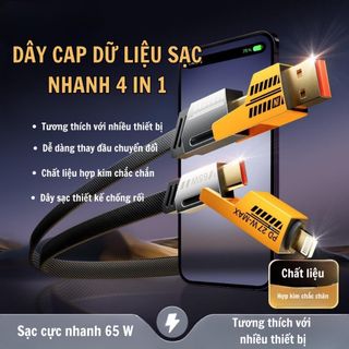 Cáp sạc nhanh 4in1 tích hợp led Hỗ trợ sạc nhanh max 66w Đầu dây bằng kim loại siêu bền Cáp nhựa trong suốt kết hợp đèn led Dễ dàng thay đổi đầu sạc Cổng vào Usb + tyC Cổng ra ip + tyC