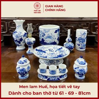 Bộ Đồ Thờ Men Lam Huế Họa Tiết Vẽ Tay Gốm Sứ Bát Tràng - Phúc Lộc Viên Minh