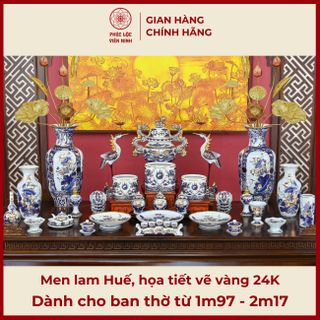 Bộ Đồ Thờ Men Lam Huế Họa Tiết Vẽ Vàng 24K Gốm Sứ Bát Tràng - Phúc Lộc Viên Minh