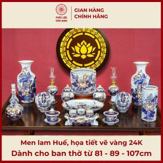 Bộ Đồ Thờ Men Lam Huế Họa Tiết Vẽ Vàng 24K Gốm Sứ Bát Tràng - Phúc Lộc Viên Minh