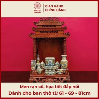 Bộ Đồ Thờ Men Rạn Cổ Họa Tiết Đắp Nổi Gốm Sứ Bát Tràng - Phúc Lộc Viên Minh