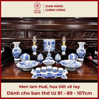 Bộ Đồ Thờ Men Lam Huế Họa Tiết Vẽ Tay Gốm Sứ Bát Tràng - Phúc Lộc Viên Minh