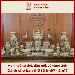 Bộ Đồ Thờ Men Hoàng Thổ Họa Tiết Đắp Nổi Vẽ Vàng 24K Gốm Sứ Bát Tràng - Phúc Lộc Viên Minh