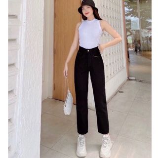 quần bò ống đứng cạp cao,quần jean nữ ống suông co giãn 4 chiều đi học đi làm hàn quốc