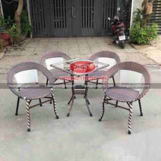 Bộ ghế nhựa giả mây ghế đĩa trắng đồng