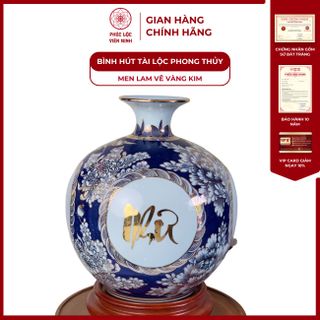 Bình Hút Lộc Men Lam Vẽ Vàng Kim Gốm Sứ Bát Tràng - Phúc Lộc Viên Minh