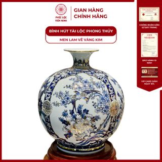 Bình Hút Lộc Men Lam Vẽ Vàng Kim Gốm Sứ Bát Tràng - Phúc Lộc Viên Minh