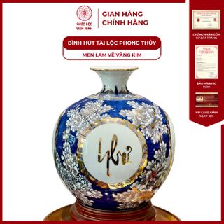 Bình Hút Lộc Men Lam Vẽ Vàng Kim Gốm Sứ Bát Tràng - Phúc Lộc Viên Minh