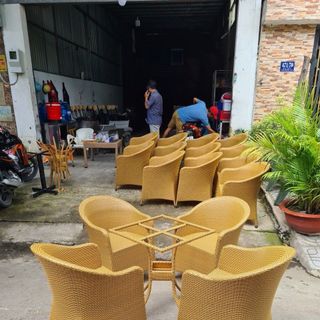 Bàn ghế cafe nhựa giả mây màu vàng ghế thúng mây nhựa Sài Gòn giá sỉ