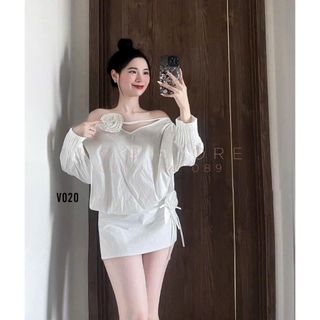 Váy Trễ Vai Tay Bồng Kèm Hoa Siêu Xinh ,Sang Chảnh Chất Liệu Vải Thô Mát Mịn Không Nhăn, Kèm Quần Bảo Hộ - V20