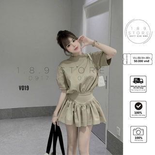 Set Áo Croptop Tay Phồng Bo Eo Kèm Chân Váy Cạp To Chất Liệu Set Váy Kaki 2 Da Hàng Qcl1 Tay Bồng - V019 giá sỉ