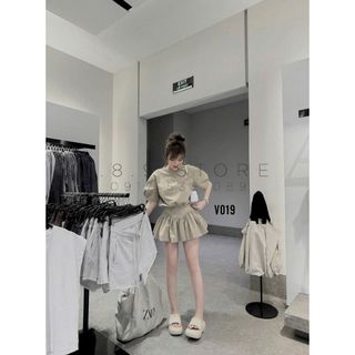 Set Áo Croptop Tay Phồng Bo Eo Kèm Chân Váy Cạp To Chất Liệu Set Váy Kaki 2 Da Hàng Qcl1 Tay Bồng - V019