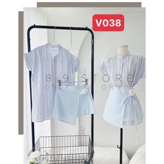 Set Áo Kẻ Tay Dơi Mix Chân Váy Vạt Chéo Phối Hoa Trà Thiết Kế Siêu Độc Đáo Chất Liệu Thô Đũi Qc Mềm Mát - V038