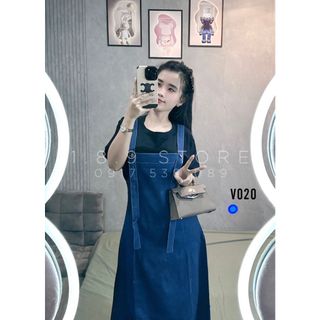 Bộ Váy Jeans Mềm Yếm Dây Phối Áo Đen Cʜᴀ̂́ᴛ ʟɪᴇ̣̂ᴜ Kate - Jeans Mềm - V020
