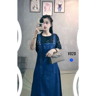 Bộ Váy Jeans Mềm Yếm Dây Phối Áo Đen Cʜᴀ̂́ᴛ ʟɪᴇ̣̂ᴜ Kate - Jeans Mềm - V020