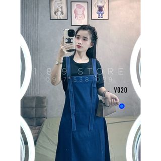 Bộ Váy Jeans Mềm Yếm Dây Phối Áo Đen Cʜᴀ̂́ᴛ ʟɪᴇ̣̂ᴜ Kate - Jeans Mềm - V020